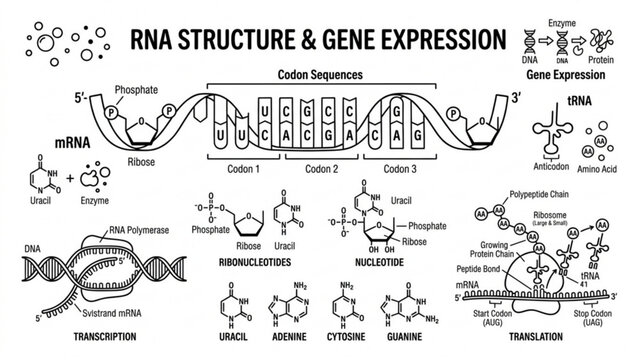 RNA Structure Line Art Vector Illustration Set &ndash; Messenger RNA, Nucleotides, and Molecular Biology Elements