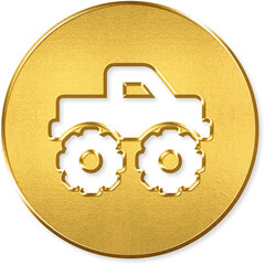 Monster truck vehicle icon with gold metallic 3D coin badge for monster truck, big wheel vehicle, off-road powerful, heavy extreme, rally truck on transparent background © titileedzs