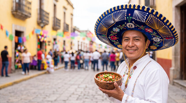 Mexican man wearing traditional sombrero holding bowl of salsa. Local resident celebrating festive street parade in Mexico. Cultural heritage and authentic travel experience concept.