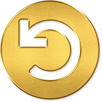 Undo reverse action icon with gold metallic 3D coin badge for undo, reverse action, back restore, revert cancel, counterclockwise arrow on transparent background