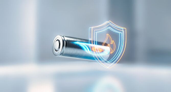 Lithium battery with glowing fire protection shield. Battery safety and thermal runaway prevention concept. Silver cylindrical cell with energy effects in white studio