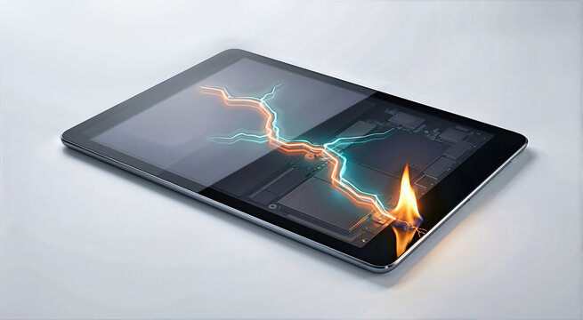 Tablet screen with glowing electric crack and flame. Broken electronic device with orange and cyan energy discharge. Battery failure and fire hazard concept