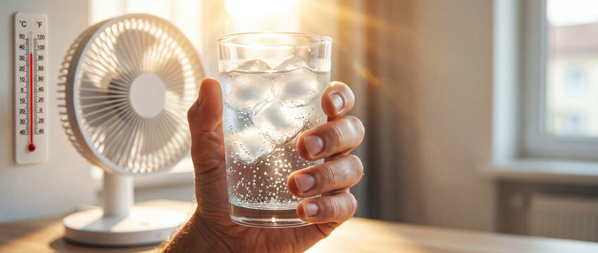 Cooling down in hot weather, a hand holds a glass of ice water with condensation, next to a fan and thermometer showing high temperature, representing relief and comfort
