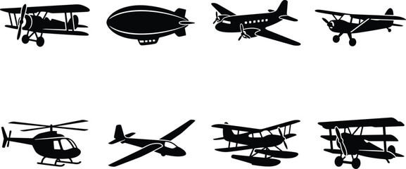 Vintage aircraft and aviation black silhouettes vector icon set featuring biplane blimp helicopter glider and seaplane on white background © Rahen