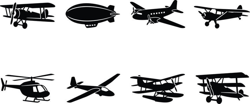 Vintage aircraft and aviation black silhouettes vector icon set featuring biplane blimp helicopter glider and seaplane on white background