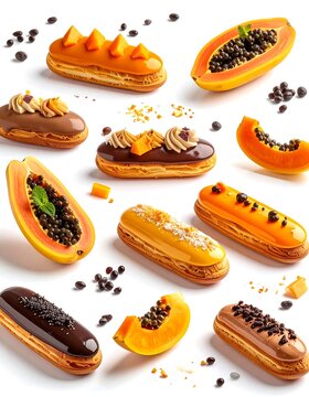 Assorted Eclairs and Fresh Papaya Display.