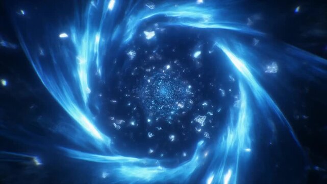 Abstract animation stirs blue energy vortex funnels. Floating dust debris points path cyber particle loops. Creative velocity network wave records loop system file metrics.