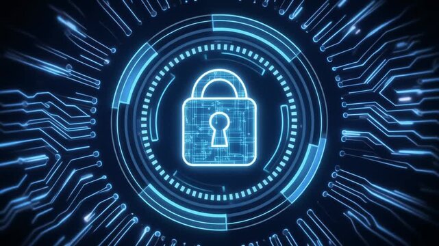 Technology security animation grids digital circuit boards. Connected matrix elements lock blue shield interfaces. Safe software processing guards encryption archives.