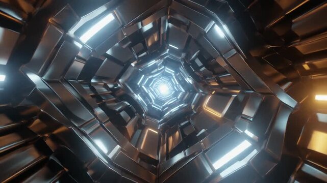 Octagonal tunnel animation journeys geometric pathway corridors. Reflective metallic walls echo futuristic neon lighting rays. Technical dashboard displays track system data.
