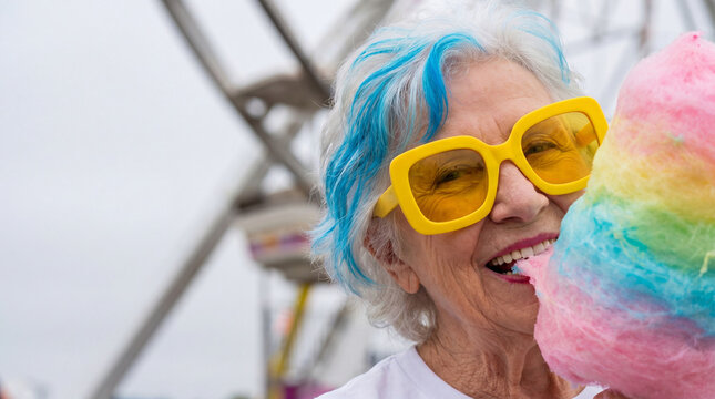 Elderly woman with blue hair styling and yellow glasses eating colorful cotton candy at an amusement park. Fun retirement lifestyle, active aging and freedom concept at carnival fair.