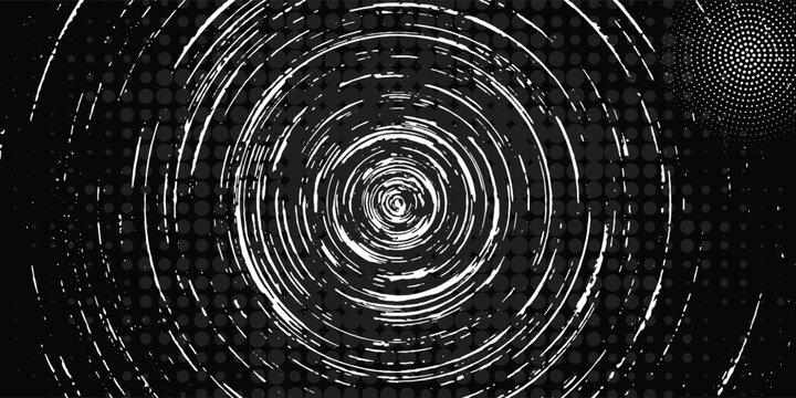 Abstract monochrome background with distressed circular lines and halftone dots. Vintage grunge concentric rings pattern on a black backdrop vector.