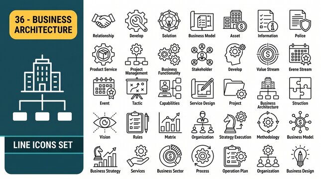 A collection of Business Architecture icons set with editable stroke, including relationship, develop, solution, business model, vision, process, project, asset, riles. Thin linear vector illustration