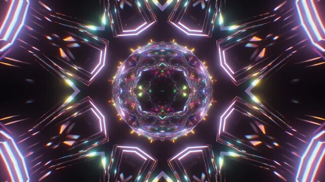 Geometric tunnel graphics shift kaleidoscopic pattern layers. Vibrant neon light tracks cross dark background voids. Creative digital layouts build abstract template assets.