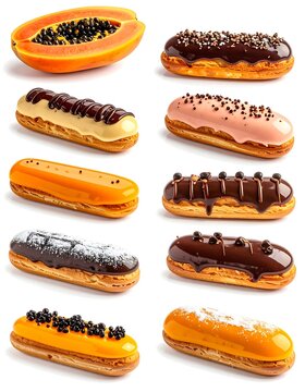 Assorted Eclairs and Papaya with Chocolate Toppings.