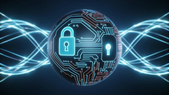 Network globe models animate digital world map graphics. Circuit board microchips plate abstract computer monitors. Cyber asset protection layers loop security tracking charts.