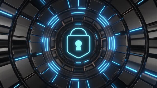 Neon blue padlock icons glow within dark metallic structures. Circular structural tools frame abstract background voids. Safe cloud hosting programs safeguard server grids.