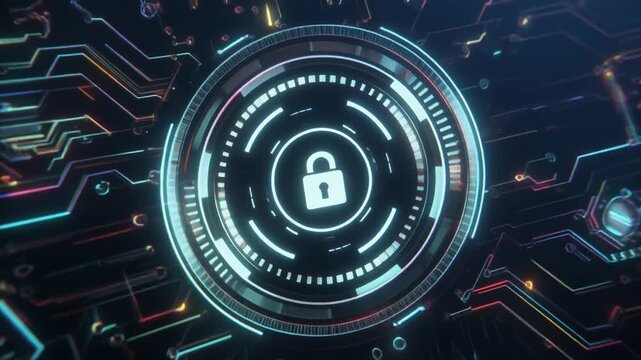 Technology security animation grids digital circuit boards. Hardware microchip vectors lock blue padlock symbols. Safe information engineering protects corporate databases.