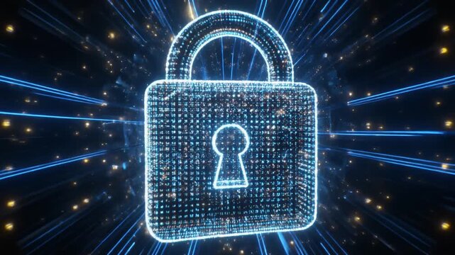 Security icon animation structures digital network padlocks. Particle processing engines target portal reticle displays. Cyber authorization keys check database entry logs.