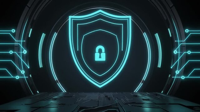 Security animation sets neon shield icons on stages. Circuit board architecture charts complex system paths. Clean terminal dashboards loop computer database monitor screens.