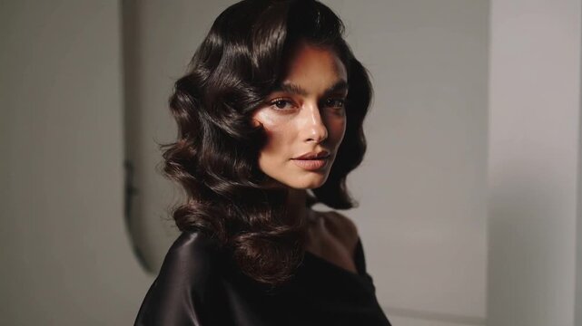 On camera cue, turning model opening eyes, showing black satin off shoulder top, posing in studio