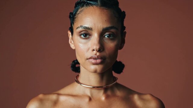 Reacting to camera shifting, rotating model opening eyes to meet lens in studio, showing choker