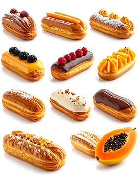 Assorted Eclairs and Pastries with Fresh Fruit Toppings.