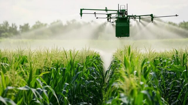 shows a field of growing corn being treated with chemicals for protection against pests and diseases. The equipment in use is designed to efficiently cover the crop.