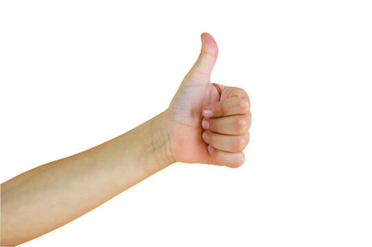 Front view of child hand showing thumbs up gesture isolated on transparent background. Positive symbol for approval, recommendation, quality and customer satisfaction.