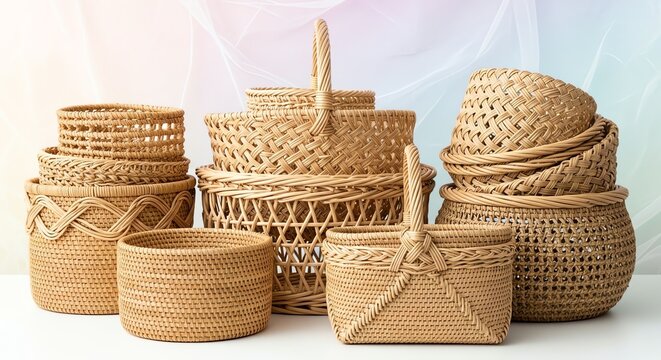 Natural jute and straw craft baskets arranged in a still life display, showcasing woven textures and handmade storage options for eco friendly home decor