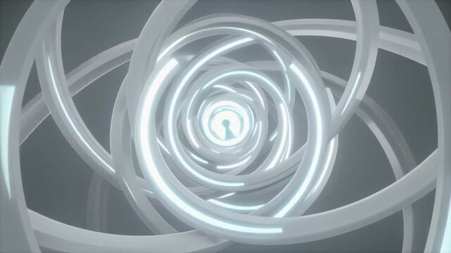 Vortex animation swirls abstract white ring tracks. Digital keyhole vectors center hypnotic connection lines. Minimal database validation tools loop secure computing paths.