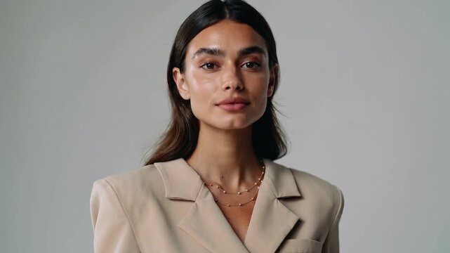 Camera cueing woman model tilting, straightening and smiling in studio wearing blazer, necklaces