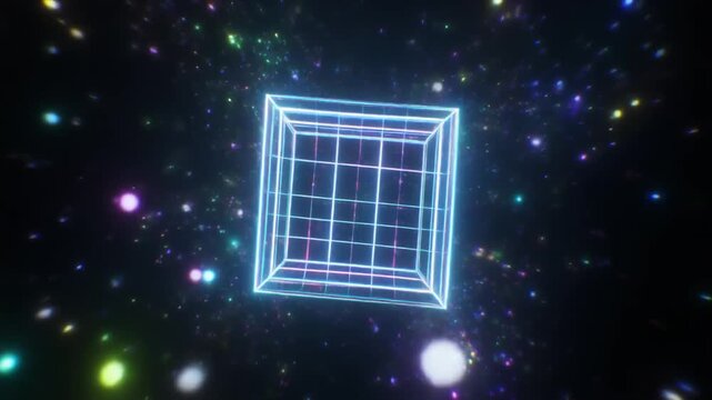 Wireframe cube models float across abstract background fields. Colorful bokeh light arrays glow inside cosmic galaxies. Creative space vectors loop endless universe paths.