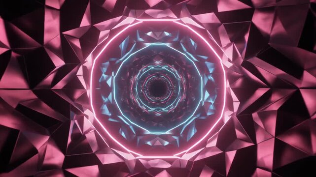 Octagonal neon tunnels journey abstract background vectors. Geometric pattern lines trace colorful layout bounds. Creative pink blue velocity wave streams loop loop able paths.