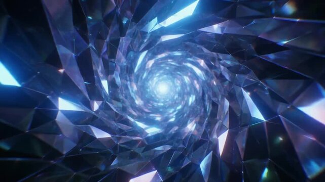 Crystal tunnel frameworks swirl abstract vortex paths. Intense blue core lights shine inside dark background fields. Minimal vector streams loop clean information data lines.
