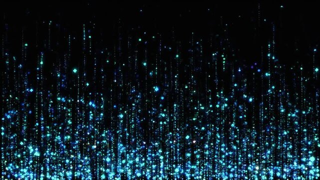 Diamond particle vectors drop down dark background walls. Shimmering blue green sparkles shift across black screens. Minimal graphics canvas elements loop loop able assets.