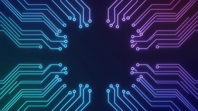 Wireframe circuit lines outline abstract technology paths. Pink blue network traces map technical microchip lines. Clean database software scripts update digital data grids.