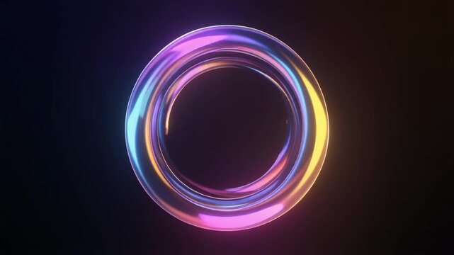 Animation rotates reflective torus models. Multi color gradient ring vectors shape geometric structures. Creative mechanical engineering interface assets loop clean metrics.
