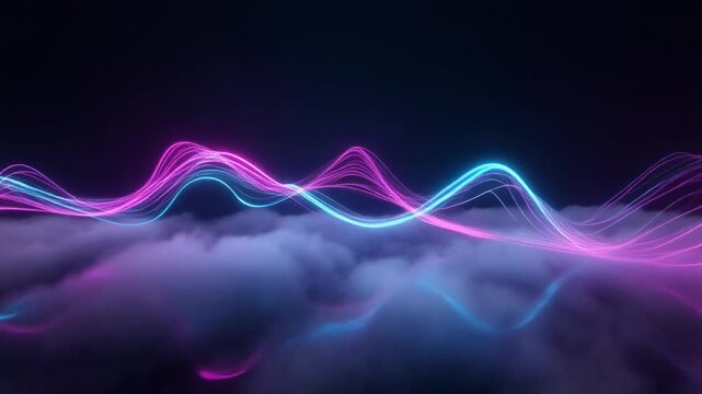 Abstract background animation waves purple cloud fogs. Neon sound frequency elements flash interactive data paths. Clean communication metrics loop system information lines.