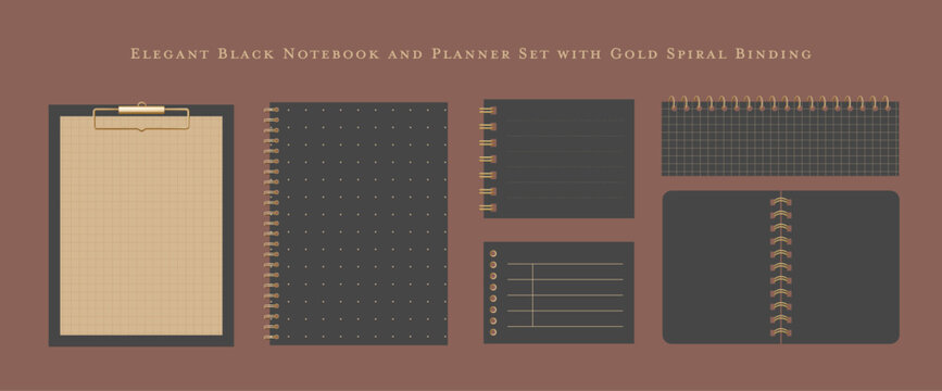 Elegant Black Notebook and Planner Set with Gold Spiral Binding and Clipboard