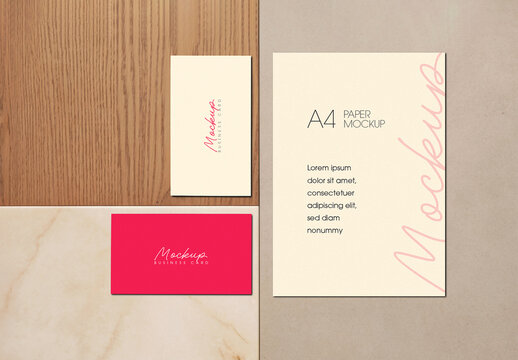 A4 Paper and Business Card Stationery Mockup on Wooden and Marble Surface