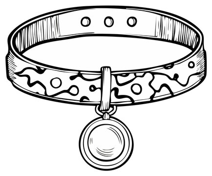 Illustrated pet collar with pendant tag, line art style, outline drawing.
