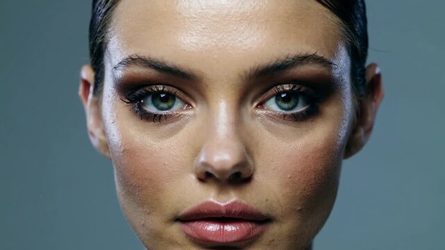 Opening female model's eyes after initial blink, regaining gaze in studio, showing eye makeup