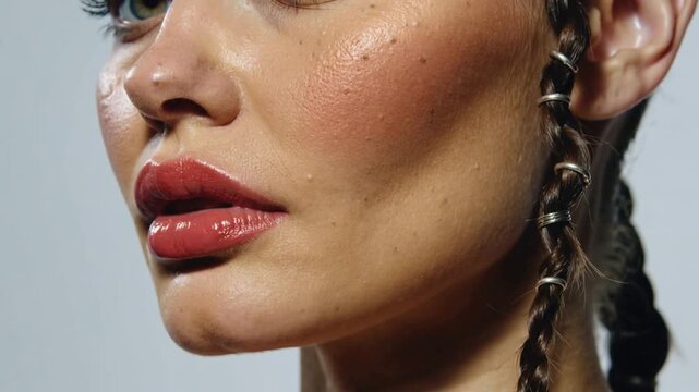 Shifting on camera cue, Latina model's jaw turning left in studio, revealing glossy lips and braid