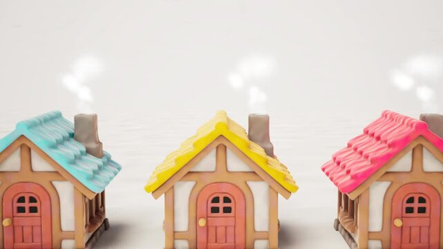 Yellow Blue and Pink Miniature Houses 3D Render