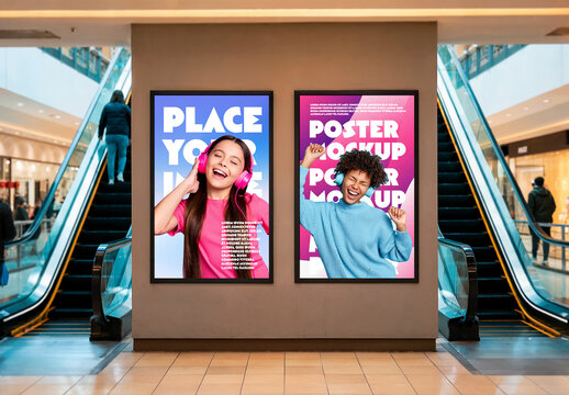 Dual Vertical Poster Mockup in Shopping Mall