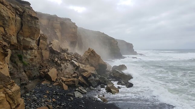 Rugged rocky cliff coastline with ocean waves crashing against the shore on a cloudy winter day. seaside rockfall
