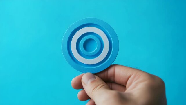 Close-up of a hand grasping a round, light blue item with an inner circle on top of a solid teal surface.