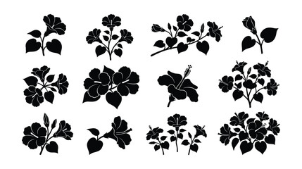 Black Hibiscus Flower Silhouette Vector Set, Tropical Mallow Blossom Icons Isolated on White Background © selena