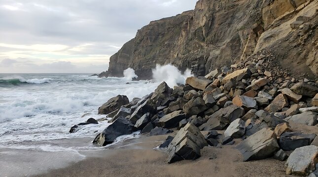 Ocean waves crashing against rocky cliff on a dark cloudy day at the beach with natural scenery. seaside rockfall