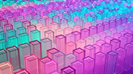 Obraz premium Abstract digital landscape. Glowing rectangular prisms create undulating waves, vibrant pinks, blues dominate composition. Dark background enhances luminosity.